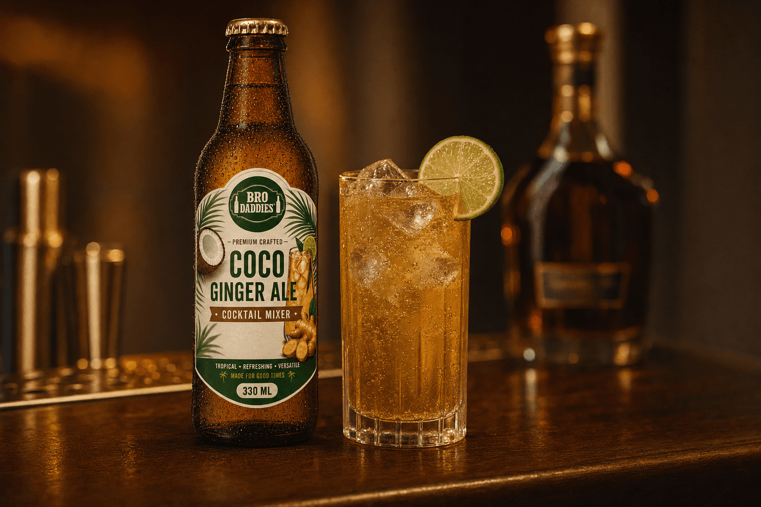 Bro Daddies Coco Ginger Ale mixer bottle next to a cocktail on a warm bar