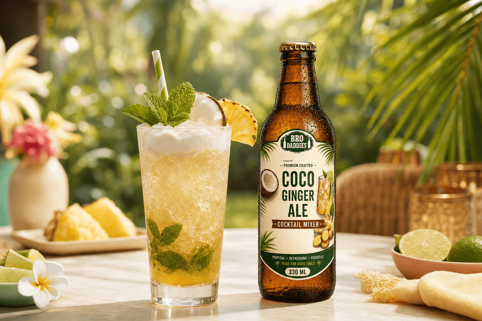 Bro Daddies Coco Ginger Ale bottle beside a tropical mocktail with mint and coconut