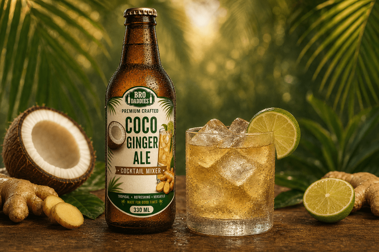 Bro Daddies Coco Ginger Ale — chilled bottle and glass straight over ice with lime